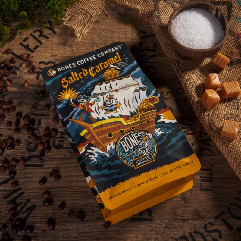 Bones Coffee Company قهوة بونز كوفي كومباني بنكهة الكراميل المملح، تحميص متوسط، حبوب أرابيكا منخفضة الحموضة، متوافقة مع ماكينة القهوة الأوتوماتيكية والفرنسية، 12 أونصة حبوب كاملة - Image 3